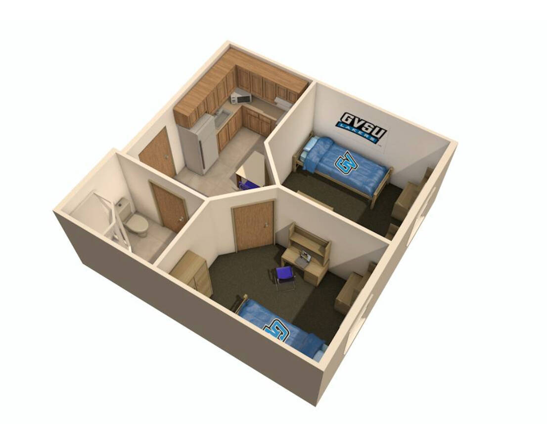 Winter hall double apartment with two bedrooms, a bathroom, and a kitchen.